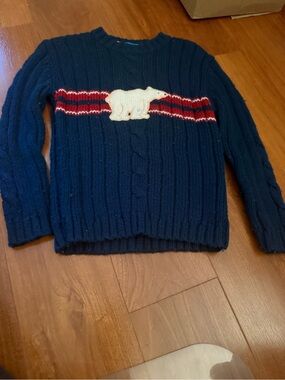 Navy Cable-Knit Kids Sweater with White Polar Bear and Red Stripe